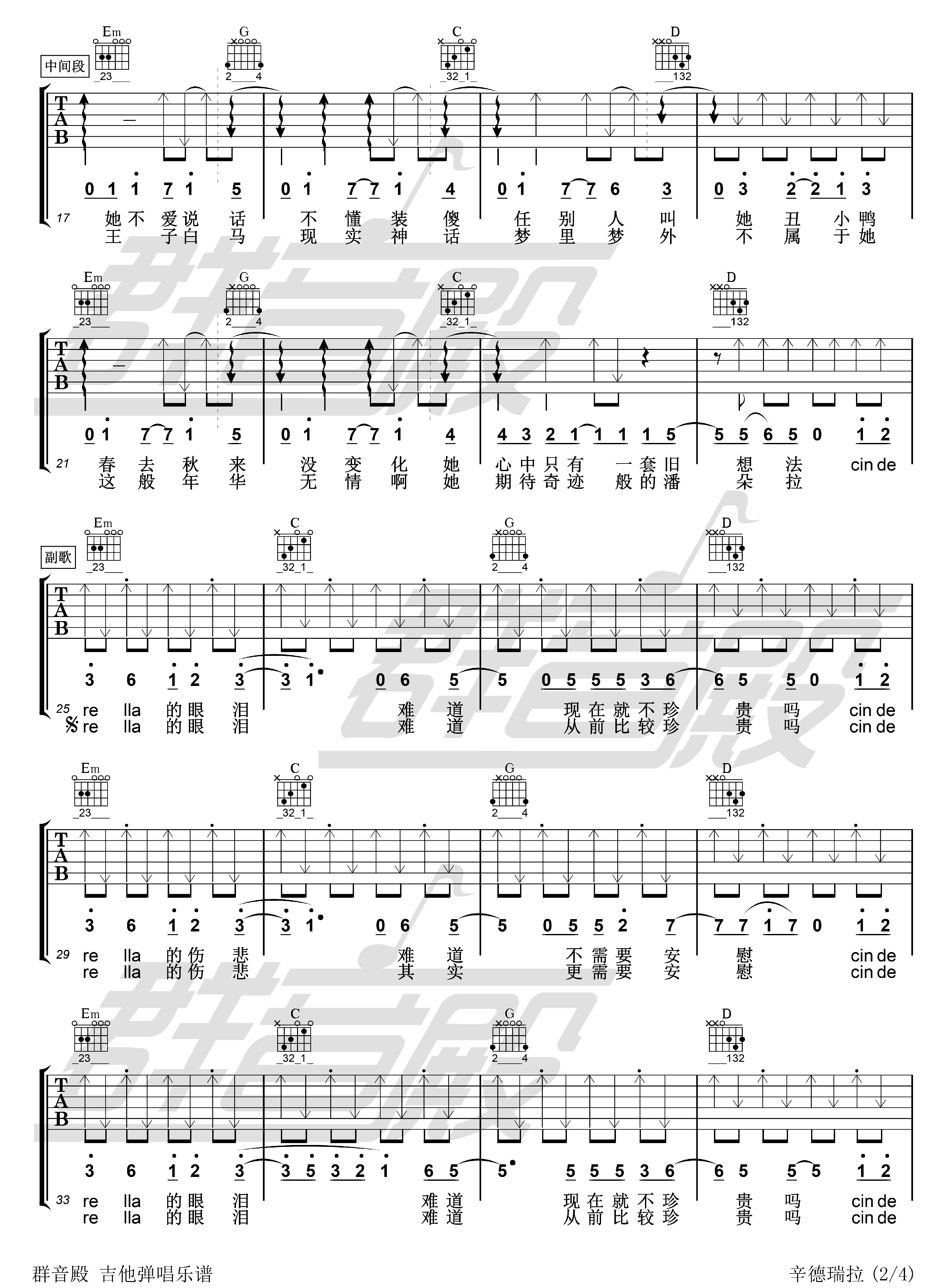 【吉他谱】辛德瑞拉——G调原版吉他谱（戴佩妮） 吉他谱 六线谱 群音殿视频乐谱